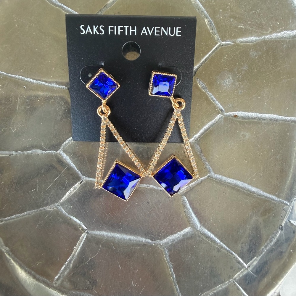 Saks Fifth Avenue Royal Blue and Gold Drop Earrings NWT